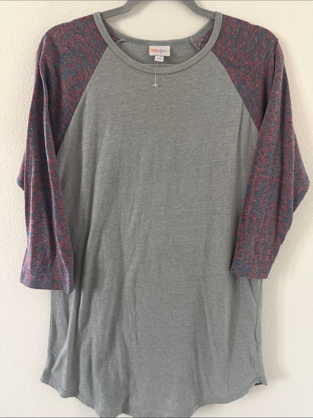 LuLaRoe Gray Tunic with Red-Blue Raglan Sleeves